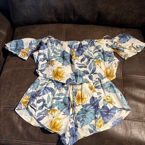 Blue and Yellow Floral Off-Shoulder Jumpsuit with Ruffled Sleeves